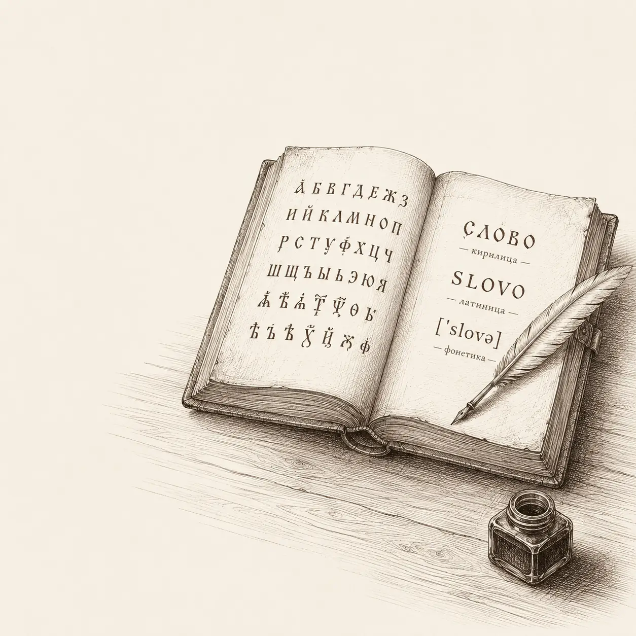 Отворена книга с три записа на думата „слово" — на кирилица, латиница и фонетична транскрипция, перо и мастилница